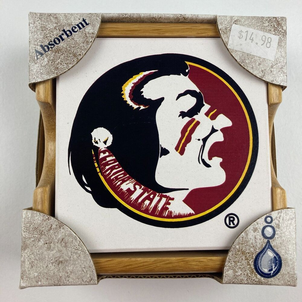 Florida State Seminoles FSU AbsorbaStone Coasters Set Oak Holder NIB Y-917
